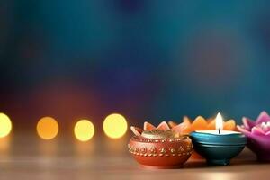 Lycklig diwali eller deepavali traditionell indisk festival med lera diya olja lampa. indisk hindu festival av ljus symbol med ljus och ljus. lera diya lampa belyst under diwali firande förbi ai genererad foto