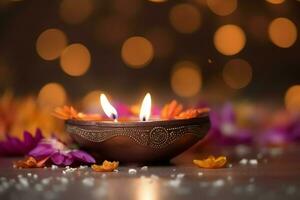 Lycklig diwali eller deepavali traditionell indisk festival med lera diya olja lampa. indisk hindu festival av ljus symbol med ljus och ljus. lera diya lampa belyst under diwali firande förbi ai genererad foto