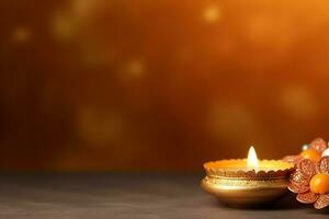 Lycklig diwali eller deepavali traditionell indisk festival med lera diya olja lampa. indisk hindu festival av ljus symbol med ljus och ljus. lera diya lampa belyst under diwali firande förbi ai genererad foto
