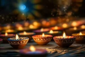 Lycklig diwali eller deepavali traditionell indisk festival med lera diya olja lampa. indisk hindu festival av ljus symbol med ljus och ljus. lera diya lampa belyst under diwali firande förbi ai genererad foto