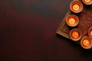 Lycklig diwali eller deepavali traditionell indisk festival med lera diya olja lampa. indisk hindu festival av ljus symbol med ljus och ljus. lera diya lampa belyst under diwali firande förbi ai genererad foto