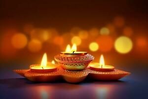 Lycklig diwali eller deepavali traditionell indisk festival med lera diya olja lampa. indisk hindu festival av ljus symbol med ljus och ljus. lera diya lampa belyst under diwali firande förbi ai genererad foto