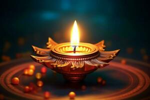 Lycklig diwali eller deepavali traditionell indisk festival med lera diya olja lampa. indisk hindu festival av ljus symbol med ljus och ljus. lera diya lampa belyst under diwali firande förbi ai genererad foto