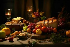 tacksägelse dag eller höst sammansättning med pumpa, apelsiner, löv eller kyckling. tacksägelse mat begrepp förbi ai genererad foto