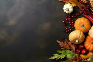 tacksägelse dag eller höst sammansättning med pumpa, apelsiner, löv eller kyckling. tacksägelse mat begrepp förbi ai genererad foto