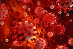 3d framställa av en medicinsk med virus celler bakterie. flera olika realistisk coronavirus partiklar flytande begrepp förbi ai genererad foto