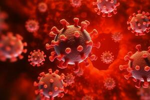 3d framställa av en medicinsk med virus celler bakterie. flera olika realistisk coronavirus partiklar flytande begrepp förbi ai genererad foto