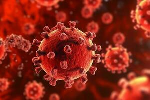 3d framställa av en medicinsk med virus celler bakterie. flera olika realistisk coronavirus partiklar flytande begrepp förbi ai genererad foto