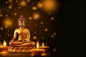 en buddha sitter i i Vesak buddha purnima dag med kopia Plats. bakgrund för Vesak festival dag begrepp. Vesak firande dag hälsningar begrepp förbi ai genererad foto