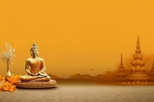 en buddha sitter i i Vesak buddha purnima dag med kopia Plats. bakgrund för Vesak festival dag begrepp. Vesak firande dag hälsningar begrepp förbi ai genererad foto