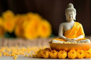 en buddha sitter i i Vesak buddha purnima dag med kopia Plats. bakgrund för Vesak festival dag begrepp. Vesak firande dag hälsningar begrepp förbi ai genererad foto