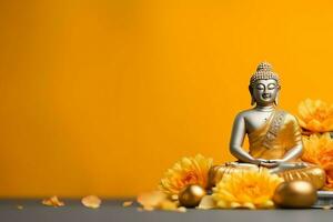 en buddha sitter i i Vesak buddha purnima dag med kopia Plats. bakgrund för Vesak festival dag begrepp. Vesak firande dag hälsningar begrepp förbi ai genererad foto