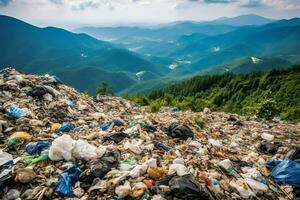 miljö- problem plast sopor eller skräp i de berg från global uppvärmning. förorening begrepp förbi ai genererad foto