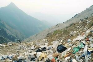 miljö- problem plast sopor eller skräp i de berg från global uppvärmning. förorening begrepp förbi ai genererad foto
