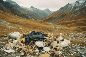 miljö- problem plast sopor eller skräp i de berg från global uppvärmning. förorening begrepp förbi ai genererad foto