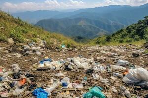 miljö- problem plast sopor eller skräp i de berg från global uppvärmning. förorening begrepp förbi ai genererad foto