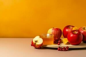 traditionell mat av jewish ny år Semester av tradition eller religion. rosh hashanah med kopia Plats begrepp förbi ai genererad foto