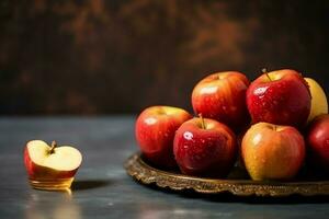 traditionell mat av jewish ny år Semester av tradition eller religion. rosh hashanah med kopia Plats begrepp förbi ai genererad foto