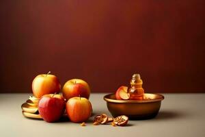 traditionell mat av jewish ny år Semester av tradition eller religion. rosh hashanah med kopia Plats begrepp förbi ai genererad foto