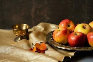 traditionell mat av jewish ny år Semester av tradition eller religion. rosh hashanah med kopia Plats begrepp förbi ai genererad foto