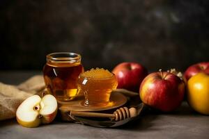 traditionell mat av jewish ny år Semester av tradition eller religion. rosh hashanah med kopia Plats begrepp förbi ai genererad foto