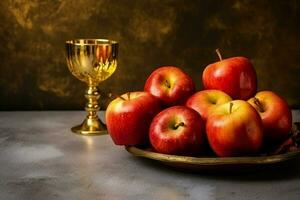 traditionell mat av jewish ny år Semester av tradition eller religion. rosh hashanah med kopia Plats begrepp förbi ai genererad foto