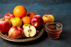 traditionell mat av jewish ny år Semester av tradition eller religion. rosh hashanah med kopia Plats begrepp förbi ai genererad foto