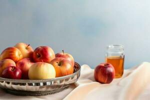 traditionell mat av jewish ny år Semester av tradition eller religion. rosh hashanah med kopia Plats begrepp förbi ai genererad foto