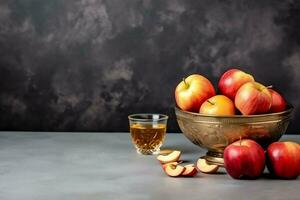 traditionell mat av jewish ny år Semester av tradition eller religion. rosh hashanah med kopia Plats begrepp förbi ai genererad foto