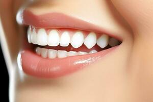 perfekt friska tänder leende av en ung kvinna på en tandläkare. tänder blekning. dental vård, stomatologi begrepp förbi ai genererad foto