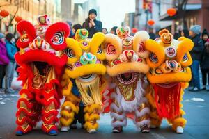 drake eller lejon dansa visa barongsai i firande kinesisk lunar ny år festival. asiatisk traditionell begrepp förbi ai genererad foto