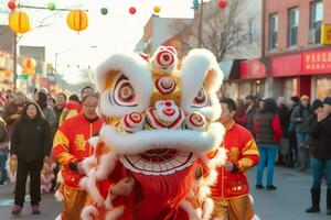 drake eller lejon dansa visa barongsai i firande kinesisk lunar ny år festival. asiatisk traditionell begrepp förbi ai genererad foto