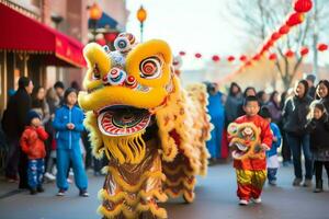 drake eller lejon dansa visa barongsai i firande kinesisk lunar ny år festival. asiatisk traditionell begrepp förbi ai genererad foto