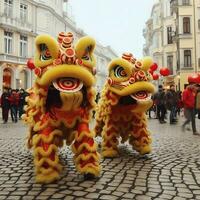 drake eller lejon dansa visa barongsai i firande kinesisk lunar ny år festival. asiatisk traditionell begrepp förbi ai genererad foto