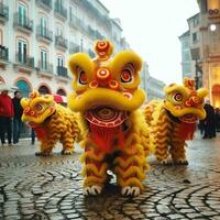 drake eller lejon dansa visa barongsai i firande kinesisk lunar ny år festival. asiatisk traditionell begrepp förbi ai genererad foto