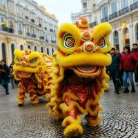 drake eller lejon dansa visa barongsai i firande kinesisk lunar ny år festival. asiatisk traditionell begrepp förbi ai genererad foto