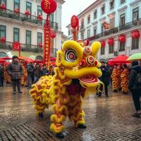 drake eller lejon dansa visa barongsai i firande kinesisk lunar ny år festival. asiatisk traditionell begrepp förbi ai genererad foto