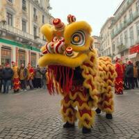 drake eller lejon dansa visa barongsai i firande kinesisk lunar ny år festival. asiatisk traditionell begrepp förbi ai genererad foto