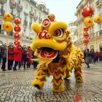 drake eller lejon dansa visa barongsai i firande kinesisk lunar ny år festival. asiatisk traditionell begrepp förbi ai genererad foto