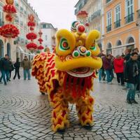 drake eller lejon dansa visa barongsai i firande kinesisk lunar ny år festival. asiatisk traditionell begrepp förbi ai genererad foto