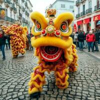 drake eller lejon dansa visa barongsai i firande kinesisk lunar ny år festival. asiatisk traditionell begrepp förbi ai genererad foto