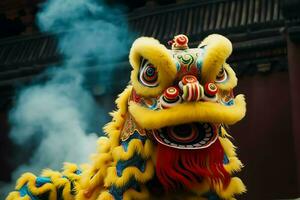 drake eller lejon dansa visa barongsai i firande kinesisk lunar ny år festival. asiatisk traditionell begrepp förbi ai genererad foto