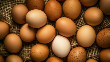 en massa högen av färsk kyckling ägg på de trä, bo eller sugrör korg. eco ägg specerier friska begrepp förbi ai genererad foto