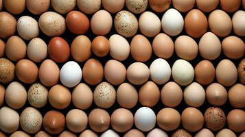 en massa högen av färsk kyckling ägg på de trä, bo eller sugrör korg. eco ägg specerier friska begrepp förbi ai genererad foto