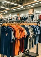 rad av modern polo t-tröjor för man på trä- galge eller kuggstång i en Kläder boutique detaljhandeln affär begrepp förbi ai genererad foto