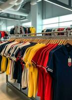 rad av modern polo t-tröjor för man på trä- galge eller kuggstång i en Kläder boutique detaljhandeln affär begrepp förbi ai genererad foto