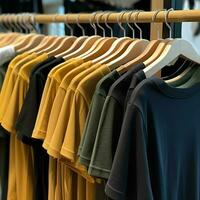 rad av modern polo t-tröjor för man på trä- galge eller kuggstång i en Kläder boutique detaljhandeln affär begrepp förbi ai genererad foto