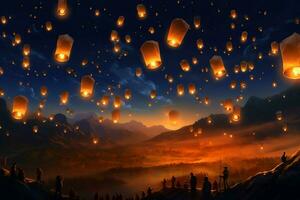 flygande lyktor i de natt himmel under de diwali festival Indien, ja peng eller mitt under hösten dag i Kina begrepp förbi ai genererad foto