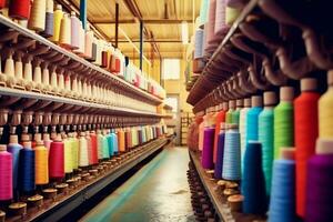 textil- trasa fabrik industri med broderi maskin, stickning eller spinning. sömnad tråd företag begrepp förbi ai genererad foto