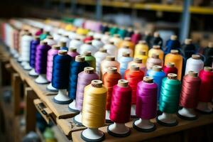 textil- trasa fabrik industri med broderi maskin, stickning eller spinning. sömnad tråd företag begrepp förbi ai genererad foto